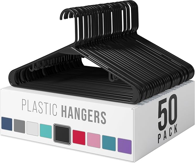 Plastic Hangers 50 Pack Black - Clothes Hangers - Makes The Perfect Coat Hanger and General Space Saving Hangers for Closet and New Apartment Essentials - Percheros Ganchos para Colgar Ropa Hangars by Neaterize