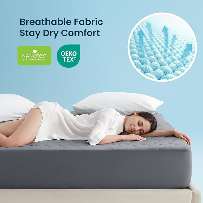 Sleep Zone Cooling Mattress Protector Twin XL, Waterproof Bedding Pad for Hot Sleepers, Soft & Breathable Mattress Topper, Deep Pocket Mattress Cover，Hotel Quality (Dark Gray，Twin XL)
