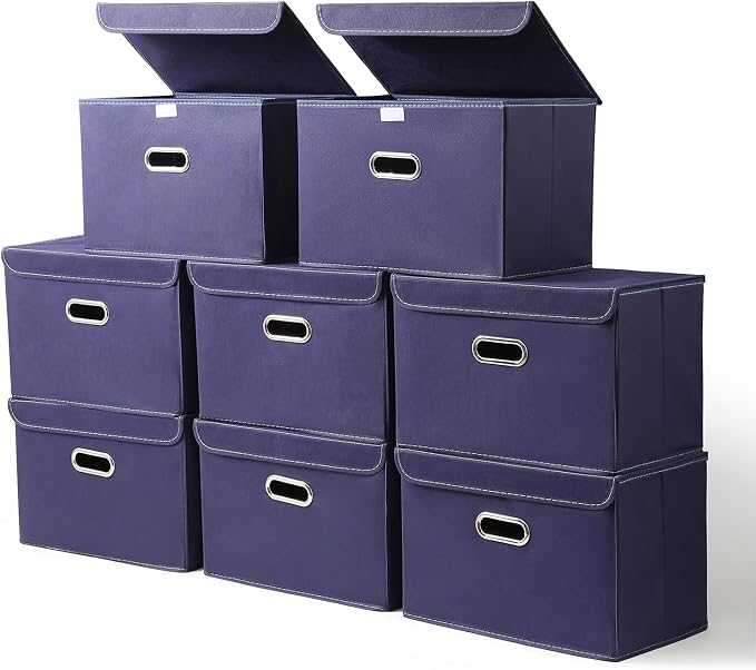 STOREONE Fabric Storage Cube Bins Foldable Organizer Container Collapsible Basket with Lids and Metal Handles, for Home, Bedroom, Closet 8 Pcs (Navy Blue) by STOREONE