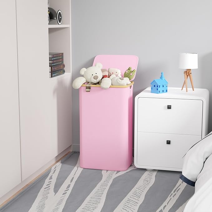 SUOCO Laundry Hamper with Lid, 29 Gal (110L) Clothes Basket with Bamboo Handles, Large Foldable Laundry Hamper for Bedroom, Bathroom, Dorm, Laundry Room - Pink - Image 2