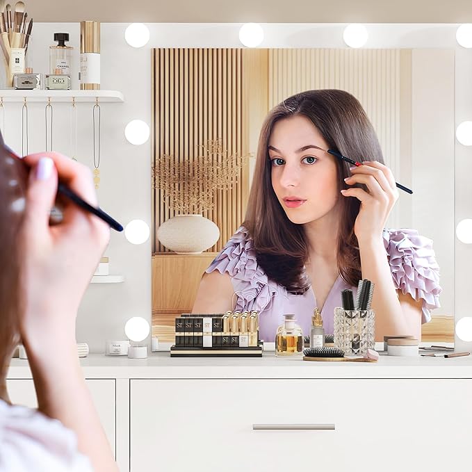 FIONESO Vanity Desk with LED Light Mirror & Power Outlet, 3 Adjustable Light Color, Makeup Vanity with 7 Drawers, 4 Shelves, 5 Jewel Hooks, White Vanity for Bedroom, Girls Vanity