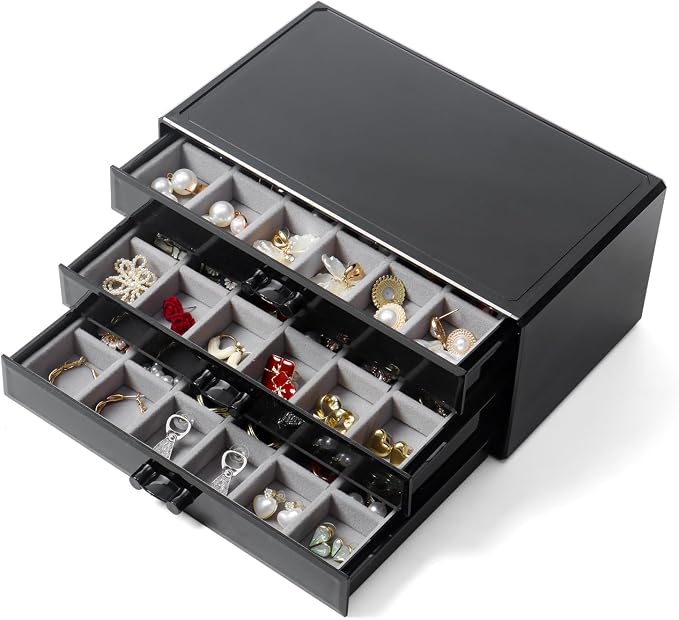 YUFONG Earring Organizer Box Acrylic Jewelry Organizer with 3 Drawers 54 Adjustable Grids Clear Stackable Earring Holder Velvet Trays Ring Display Case for Women Girls (Black Gray) by YUFONG