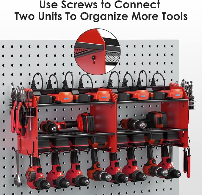 CCCEI Modular Power Tool Organizer Wall Mount with Charging Station. Garage Drill Storage Shelf with Hooks, Heavy Duty Rack, Tool Battery Holder Built in 8 Outlet. Gift for Men. Red, 1 Pack. - Image 6