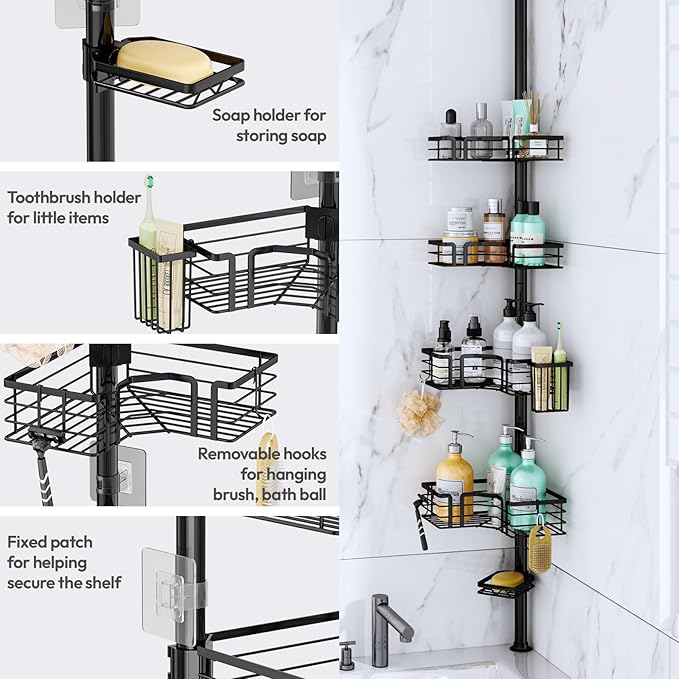 SWTYMIKI Shower Caddy Tension Pole - 4-Tier Corner Shower Organizer Tension Rod with Soap Holder, Toothbrush Holder & 4 Hooks, Adjustable Stainless Steel Bathroom Organizer 27.6 to 108.3 inch, Black - Image 4