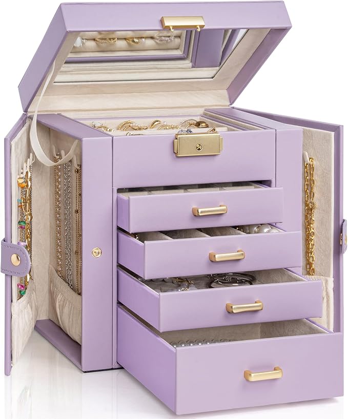 AKOZLIN 5-Tier Jewelry Box Leather Jewelry Storage Organizer with 4 Drawers Lockable for Women Girls Ring Necklace Earring Bracelet Watches Holder with Mirror Purple by AKOZLIN