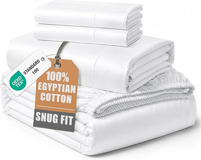LANE LINEN Ultra Soft Queen Size Sheets Set,100% Egyptian Cotton Mercerized Fully Elasticized with French Seam on Fitted Hotel Like Thick Luxury Bed Sheets Queen Size - Brilliant White