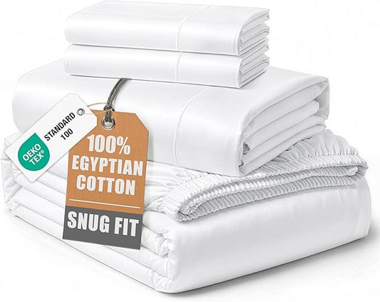 LANE LINEN 100% Egyptian Cotton Sheets, Sustainably Produced Eco Friendly Luxury Hotel Like Thick sábanas King, 15 inch Reinforced French Seam deep Pocket King Sheet Set - Brilliant White
