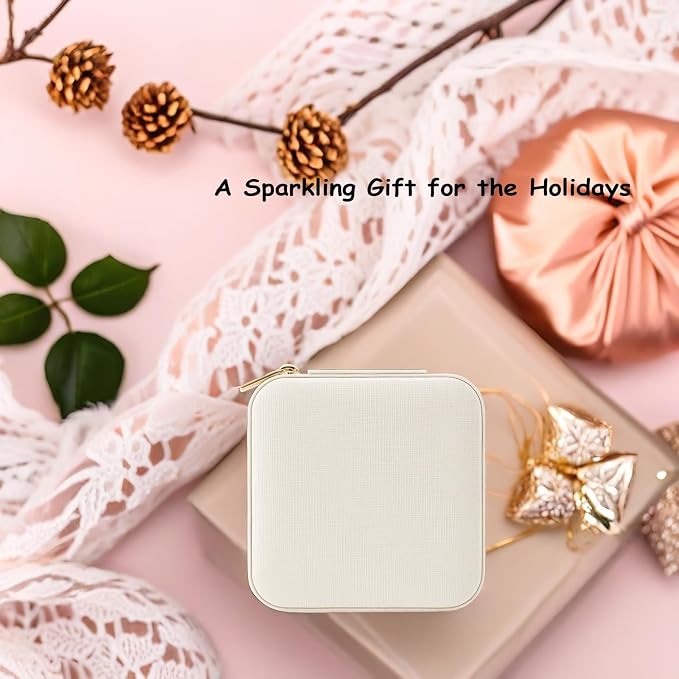 VLANDO Small Travel Jewelry Box Organizer Display Case for Girls Women Gift Rings Earrings Necklaces Storage, Beige - Image 4
