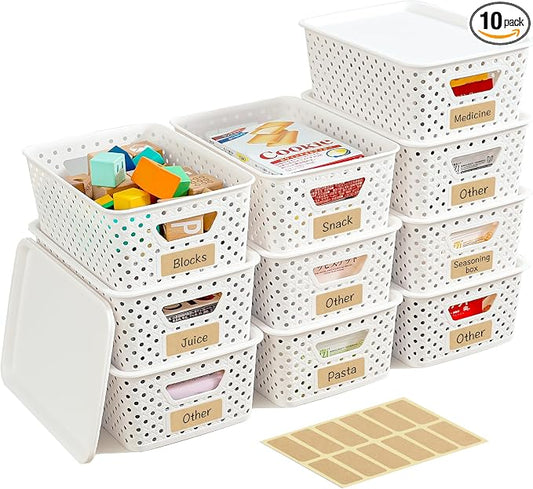 10 Pack Small Plastic Storage Bins with Lids, Stackable Plastic Storage Baskets for Organizing with Handles, Organizer Bins with Labels for Room, Craft, Containers for Pantry Organizers and Storage by Unknown