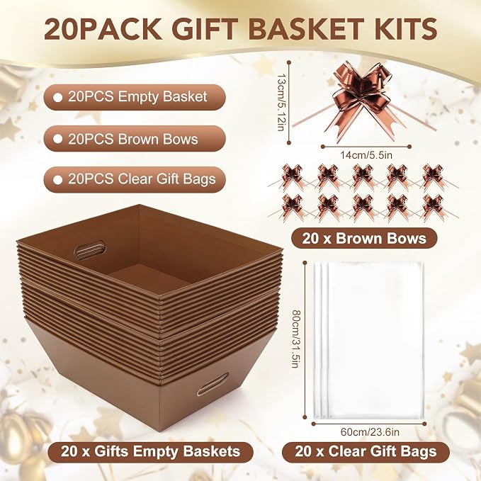 AFOROEOA 20PACK Baskets for Gifts Empty, 12x10x4” Thick Brown Gift Basket with Handles, 20 Bows & 20 Bags - Empty Gift Baskets for Christmas, Thanksgiving, Wedding, Birthday Party, Wrapping Gifts - Image 3