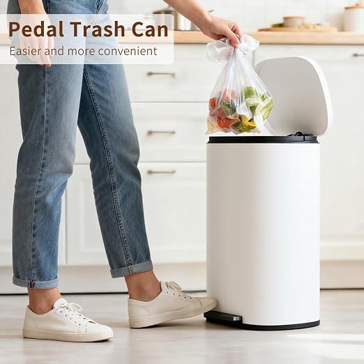 PayLessHere Stainless Steel Trash Can with Lid - Removable Inner Bucket, Foot Pedal Soft Close for Office, Home, Kitchen (White, 13 G) - Image 2