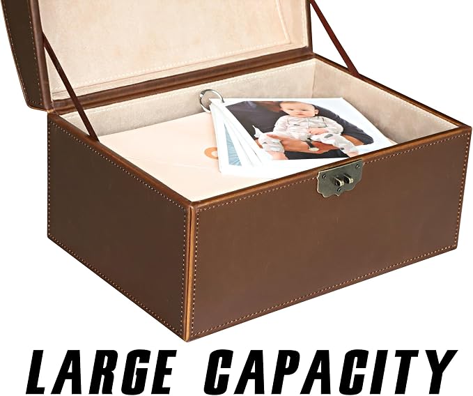 HofferRuffer Faux Leather Decorative Box, Large Wooden Structure Keepsake Box Accessory Organizer Jewelry Organizer with Hinged Lid, Storage Container for Home or Office (Antique Brown) - Image 7