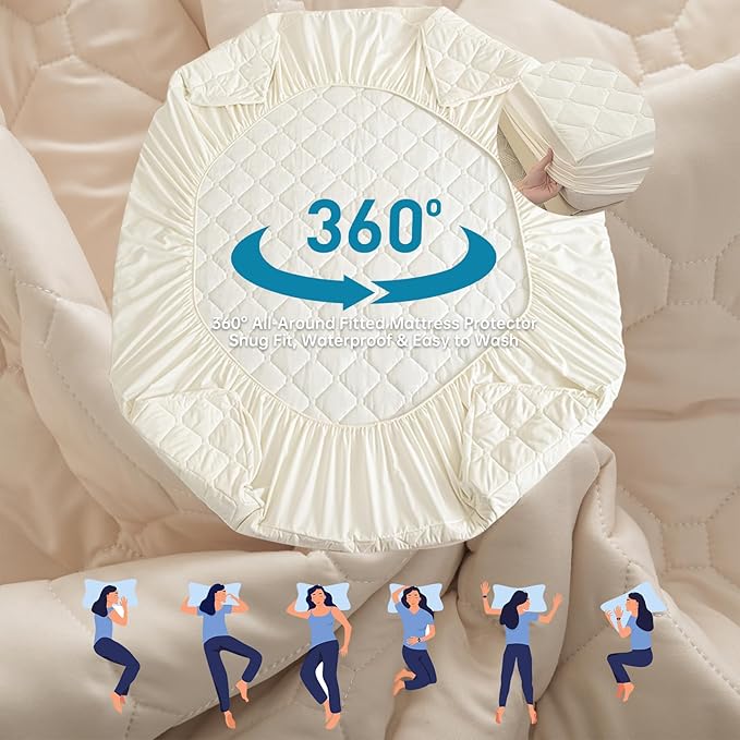 Waterproof Mattress Protector Full, 18” Deep Pocket Fitted Mattress Topper+2pcs Pillow Cases - Leakproof, Oeko-TEX Certified, Breathable & Noiseless,Machine Washable (Cream White)