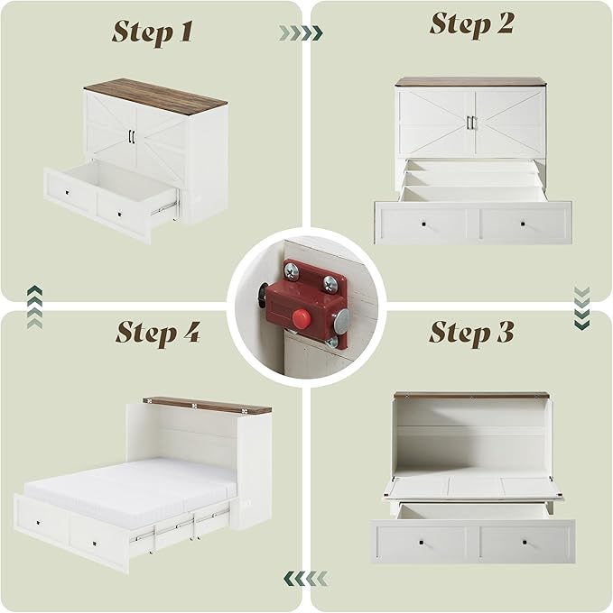 LUXOAK Full Murphy Bed with 6" Tri-Fold Memory Foam Mattress, Storage Drawer & Charging Station, Space-Saving Design for Home Office or Guest Room, White