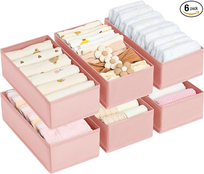 DIMJ Drawer Organizer Clothes - Underwear Organizer Closet Organizers and Storage Box Dresser Organizer,Drawer Dividers for Baby Clothes,Bra,Socks, Belt, Tie, Set of 6,Pink by DiMJ