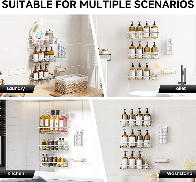 Shower Caddy, 5 Pack Shower Shelves for Inside Bathroom, Rustproof Adhesive Bathroom Organizer with Soap Holder, No Drilling Washroom Organizers and Storage for Bathtub Room/Kitchen, Silver - Image 8