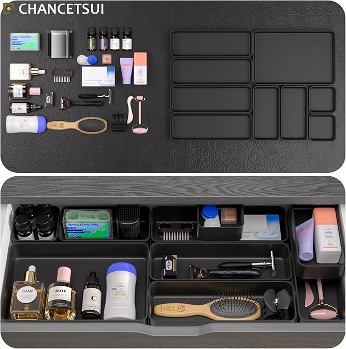 9 Pcs Stackable Drawer Organizer Trays Set, Multifunctional Stackable Storage Trays for Vanity, Bathroom, Kitchen, Desk Drawer Organizer Office. Plastic Drawer Organizers Available In 5 Colours, Black - Image 4