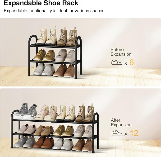 STO STO Expandable Shoe Rack, 2-Tier Metal Small Shoe Rack for Closet, Up to 12 Pairs Adjustable Shoe Rack Storage for Front Door Entrance, Free Standing Shoe Rack Organizer for Entryway, Black - Image 4