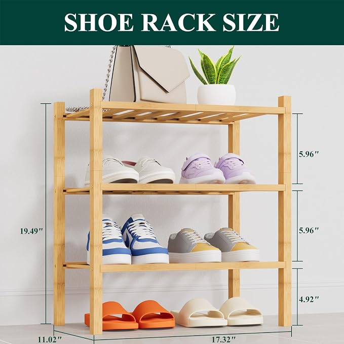 Smiry Shoe Rack, 3 Tier Thick Small Bamboo Shoe Organizer, Stackable Free Standing Wooden Shoe Storage Shelf for Closet, Entryway, Front Door Entrance, Natural - Image 2