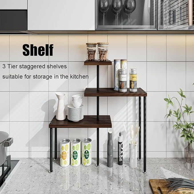 Countertop Organizer Organization 3 Tier Kitchen Corner Shelves Adjustable Spice Storage Rack for Bathroom Coffee Area Over Sink (Black Oak) - Image 3