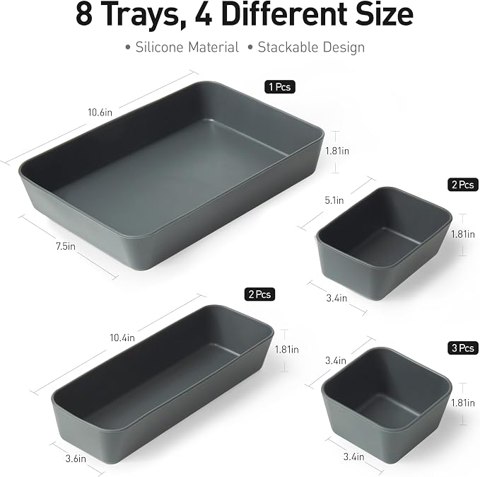 ISSEVE 8Pcs Nesting Silicone Drawer Organizer Trays, 4 Size Versatile Vanity Bathroom & Desk Drawer Organizer Set Storage Bins for Office,Kitchen,Nightstand,Black - Image 2
