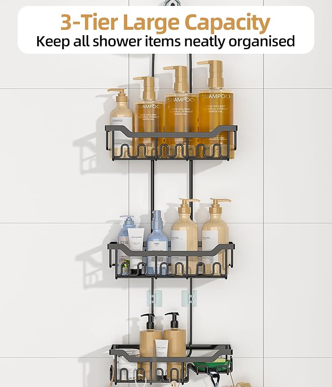 Adjustable Shower Caddy Hanging, Extended Length Organizer Over Shower Head, 3 Tier Long Neck Shower Rack with Soap Holder for Large Storage, Black - Image 5