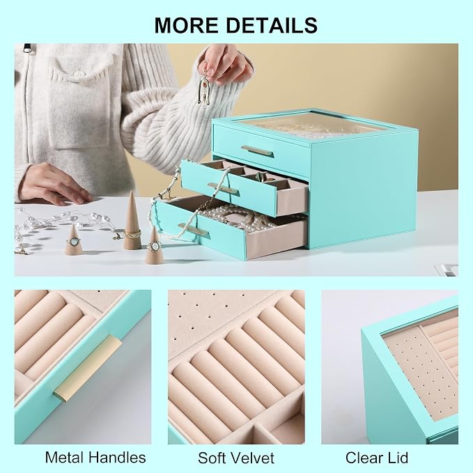 Frebeauty Clear Lid Jewelry Box,3-Layer Jewelry Organizer with Drawer,PU Leather Jewelry Organizers and Storage,Jewelry Boxes for Women,Jewelry Storage for Rings Earring Stud,Gift for Women(Turquoise) - Image 5