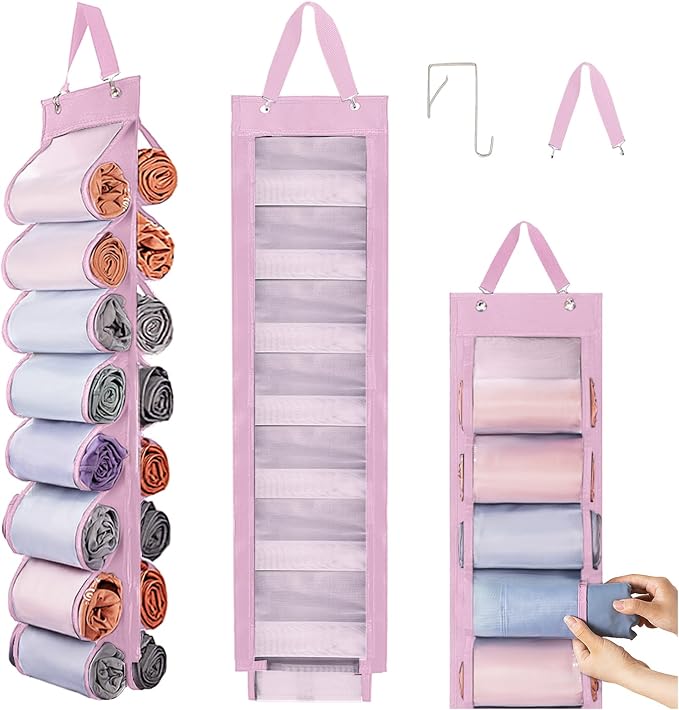 DHSFKBE Legging Organizer Storage, T Shirt Organizer, Foldable Hanging Closet Organizer Storage with 16 Roll Independent Compartments for Yoga Pants, Tank Top, Towel, Underwear (Pink) by DHSFKBE
