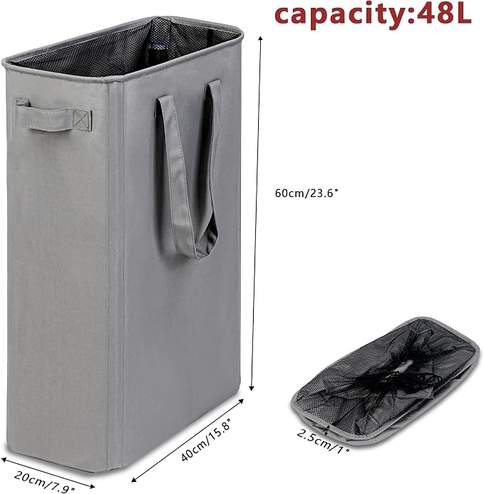 efluky Slim Laundry Basket, Narrow Laundry Hamper with Handles, Collapsible Dirty Clothes Hamper, Tall Laundry Bin for Laundry Room, Dorm and Bedroom, 12.7 Gallons(48L) Grey - Image 2