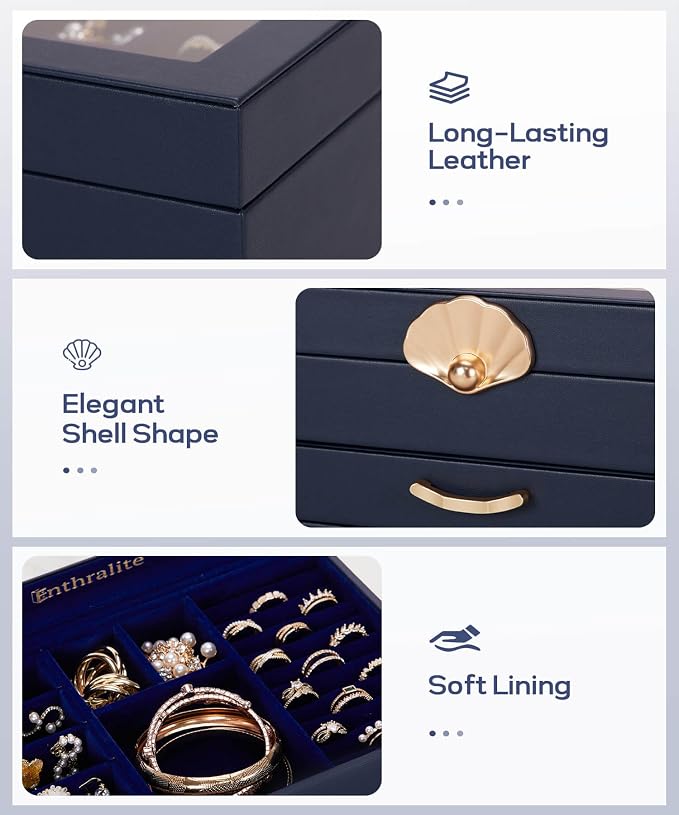 Enthralite Jewelry Box with 2 Drawers: Display Organizer for Earrings Necklaces - Gifts for Girls Women (Dark Blue) - Image 3