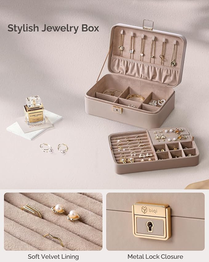Jewelry Box, 2-Layer Jewelry Holder Organizer with Lock, Removable Jewelry Tray for Earrings Necklaces Bracelets, Light Taupe - Image 4