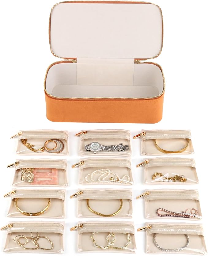 HofferRuffer Jewelry Box Organizer for Women Girls, Travel Jewelry Case with 12 Portable Zipper Bags, Jewelry Storage Ideal for Travel & Home Organization (12pcs-Brown Velvet) - Image 4