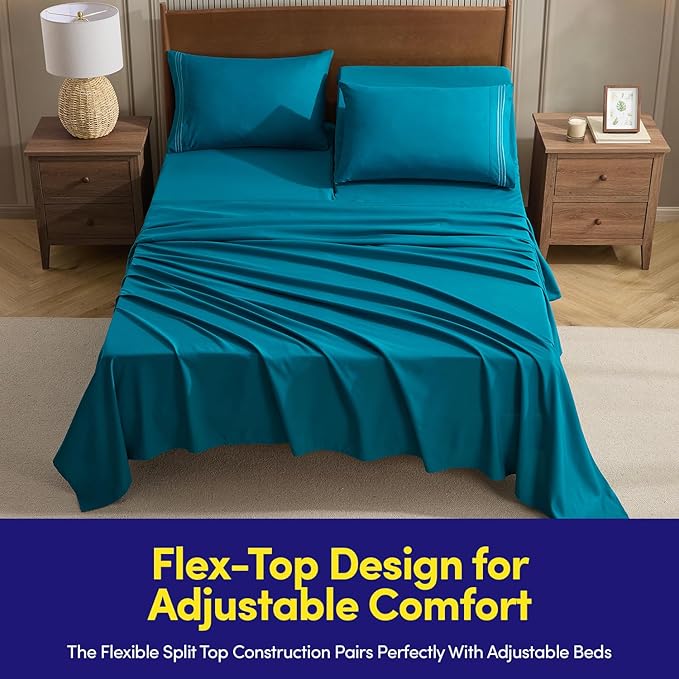 Split Head King Sheets Set for Adjustable Beds 4 Piece Flex Top Bed Sheets – Deep Pocket Split Top Fitted Sheet with Built-in Corner Straps, Luxury Soft Cooling Bedding, Wrinkle Resistant, Teal