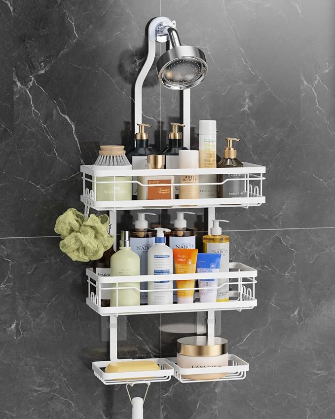 OMAIRA Shower Caddy Hanging with Soap Scrub Holder, Stainless Steel Adjustable No Drilling Non-Slip Large Capacity Sturdy Over Shower Head Shower Organizer Inside Shelves Bathroom Storage Rack, White by OMAIRA