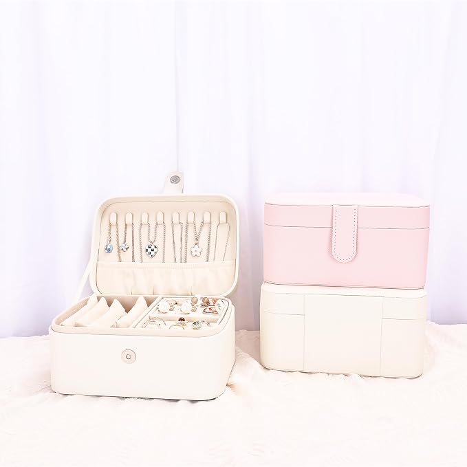 2 Layer Portable Jewelry Box, Large Jewelry Travel Case with 4 Jewelry Pouches, Medium Size Jewelry Organizer Box for Earrings, Necklaces, Bracelets (beige) - Image 8