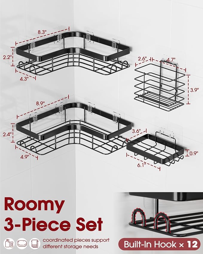 Sakugi Corner Shower Caddy - 4-Pack Shower Organizer with Soap Holder & Toothbrush Holder, Rustproof Metal Shower Shelves, Laundry, Kitchen, Bathroom Organizers and Storage Solution, Large, Black - Image 2