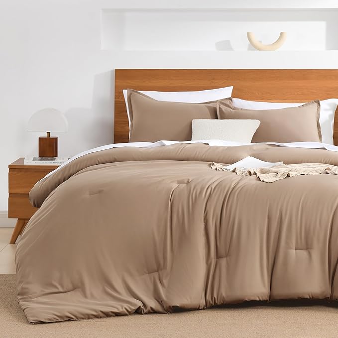 Andency Taupe King Size Comforter Set - 7 Pieces Khaki Tan Bed in a Bag King Bedding Comforter Sets, Summer Solid Soft Lightweight Comforter with Fitted Sheets, Flat Sheets, Pillowcases & Shams
