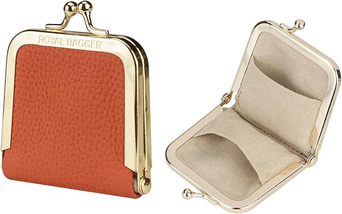 Royal Bagger Genuine Cow Leather Ultra-Slim Mini Jewelry Box, Ring & Necklace Storage, Slim Coin Purse with Kiss Lock for Women 3120 (Orange) by ROYALBAGGER