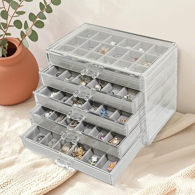 Acrylic Earring Holder Organizer with 5 Drawers Clear Earring Organizer Box with 90 Adjustable Grids Velvet Earring Display Case Jewelry Organizer for Earrings Rings Studs (Grey) - Image 6