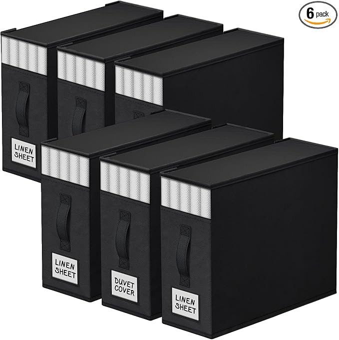 StorageTastic 6 Pack Bed Sheet Closet Organizers and Storage,Sturdy Foldable Storage Containers with Window and Label,Storage and Organization for Bedding Sheets,Duvet Covers,Blankets (Black) by StorageTastic