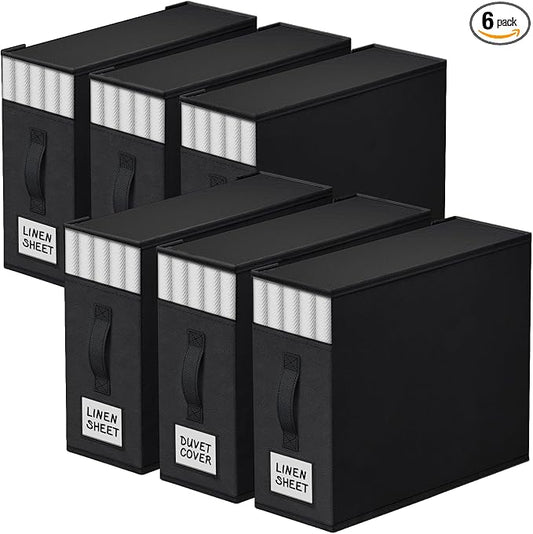 StorageTastic 6 Pack Bed Sheet Closet Organizers and Storage,Sturdy Foldable Storage Containers with Window and Label,Storage and Organization for Bedding Sheets,Duvet Covers,Blankets (Black) by StorageTastic