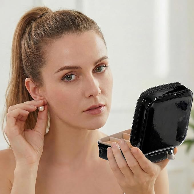 Nosiny 2 Pack Travel Jewelry Case with Mirror Small Laser Jewelry Box Organizer Gifts for Mother's Day Women Rings Earrings(White and Black) - Image 5