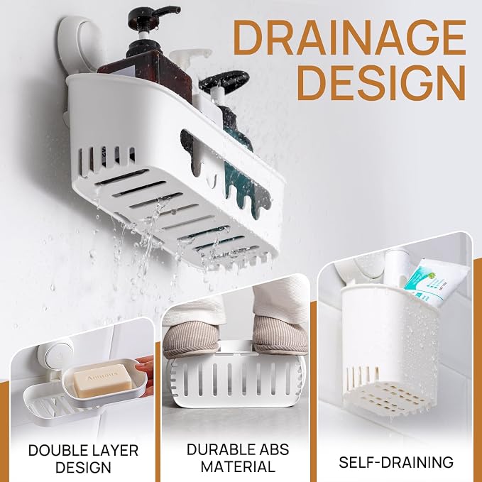 LEVERLOC Shower Caddy Suction Cup Set Shower Organizer & Soap Holder & Toothbrush Holder, Bathroom Shelf Basket NO-Drilling, Removable Suction Storage Waterproof Bathroom Caddy, White - Image 4