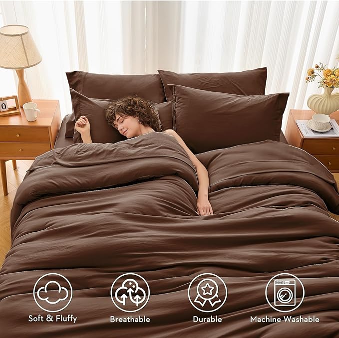MUXHOMO 7 Pieces King Comforter Set, Soft Bed in a Bag King Size, All Season Bedding Set with Comforter, Flat Sheet, Fitted Sheet, Pillowcases & Shams, Brown