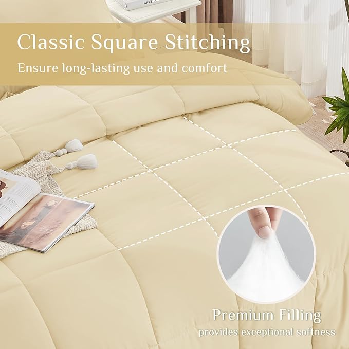 JOLLYVOGUE Queen Comforter Set, Ultra-Soft Bed in a Bag Queen Size 7 Pieces, Oeko-TEX Certified Bedding Set with Down Alternative Comforter, Sheets, Pillowcases & Shams, Light Yellow