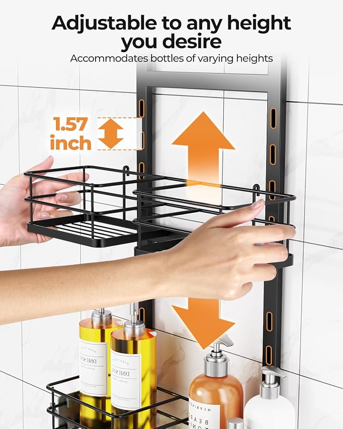 ODesign 2 Tier Height-Adjustable Shower Caddy Hanging Anti-Swing-Over The Shower Head Caddy Storage Organizer Bathroom Shelves Basket-Black - Image 7