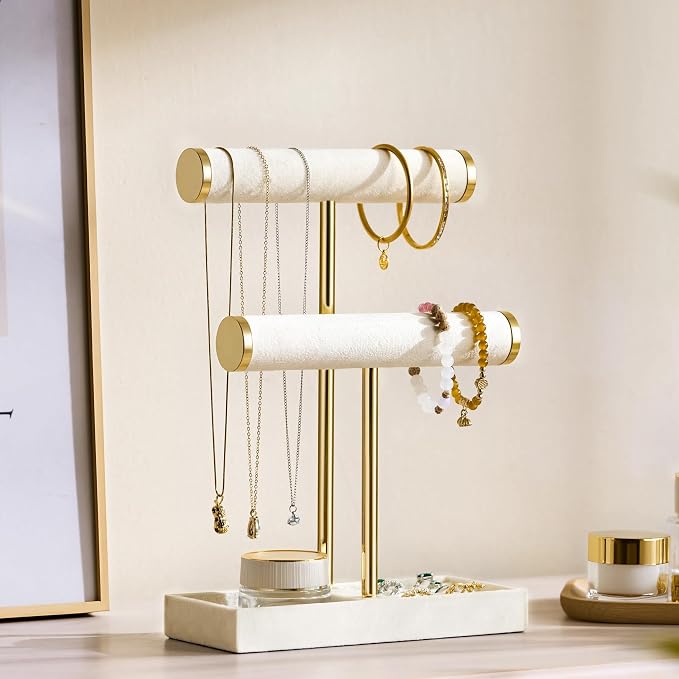 bussdis 2 Tier Bracelet Holder Display - Detachable T Bar Beige Velvet Bracelet Holder, Jewelry Holder Organizer for Bracelet, Necklace, Earrings, Rings - Image 2