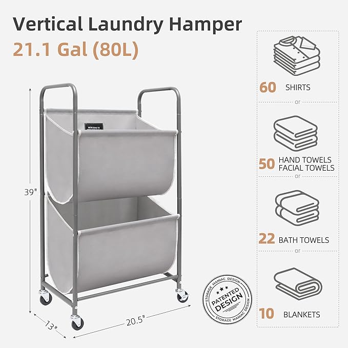 STORAGE MANIAC 80 Liters Vertical Rolling Laundry Hamper, 2 Section Laundry Sorter with Wheels and 2 Breaks, 2-tier Laundry Baskets for Small Space, Dorm, Laundry Room, Closet, Bathroom, Gray 2-tier - Image 6