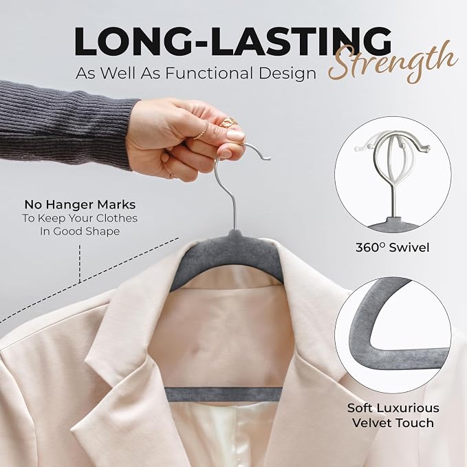 Our Modern Space 100 Pack Velvet Hanger for Shirt Pants Dresses Skirts Suits Jackets - Slim Space Saving Design - Standard Coat Hanger - Sturdy & Durable Design with Shoulder Grooves Hook - Image 4