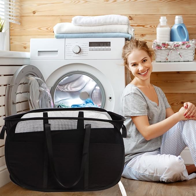 2 Pcs Collapsible Laundry Baskets, Tear Proof Pop Up Laundry Hamper with Dual Handles, Durable Foldable Laundry Basket, Easy to Carry Laundry Hamper for Home, Laundry Room, Bedroom, Dorm, Travel Black - Image 2